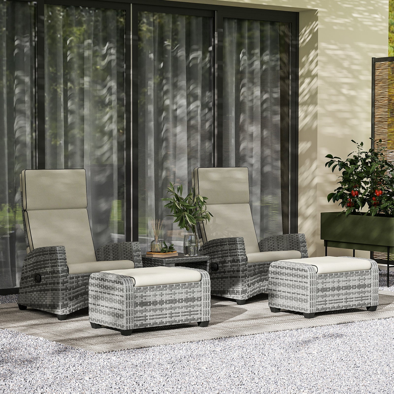 5 Pieces Pe Rattan Set, Reclining Chairs | Grey