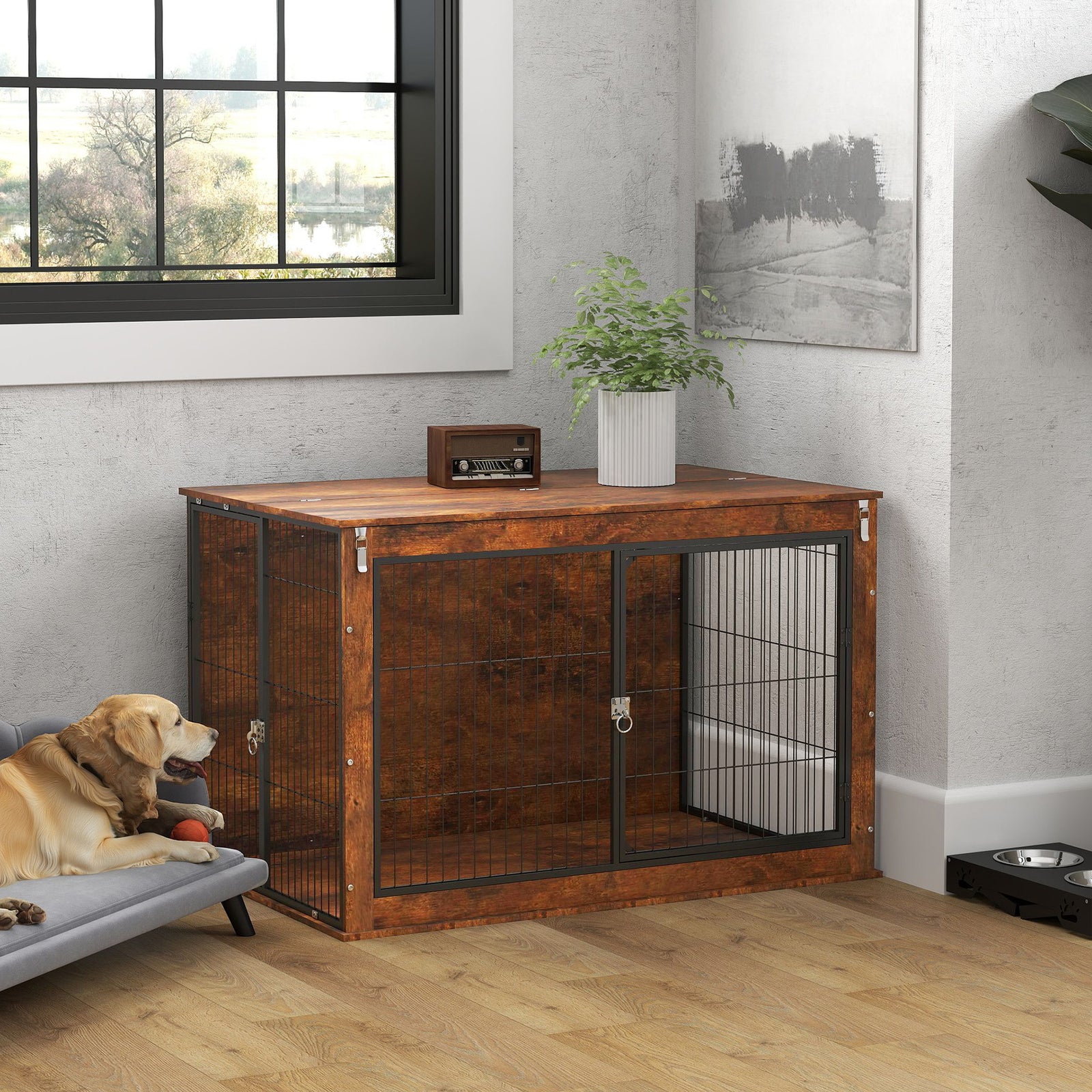 Dog Crate Furniture With Flip-up Top, 2 Doors, For Dogs | Medium | Brown
