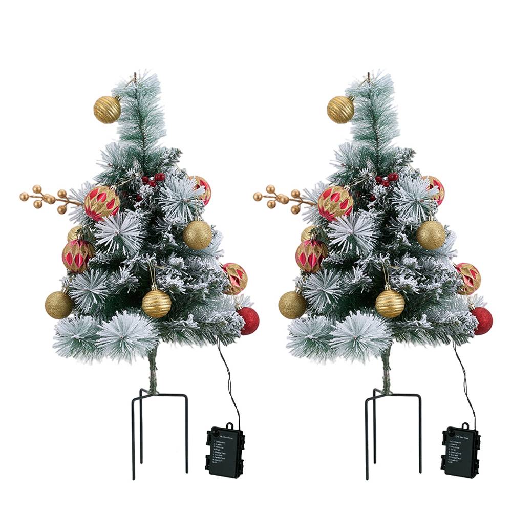 Set Of 2 Led Snow Flocked Christmas Trees,artificial Pine With Red Berries & Baubles, 8 Lighting Modes, Timer Function
