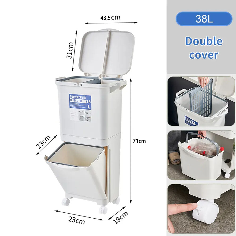 White Double-layer Three-compartment Trash Can With Wheels | 38l