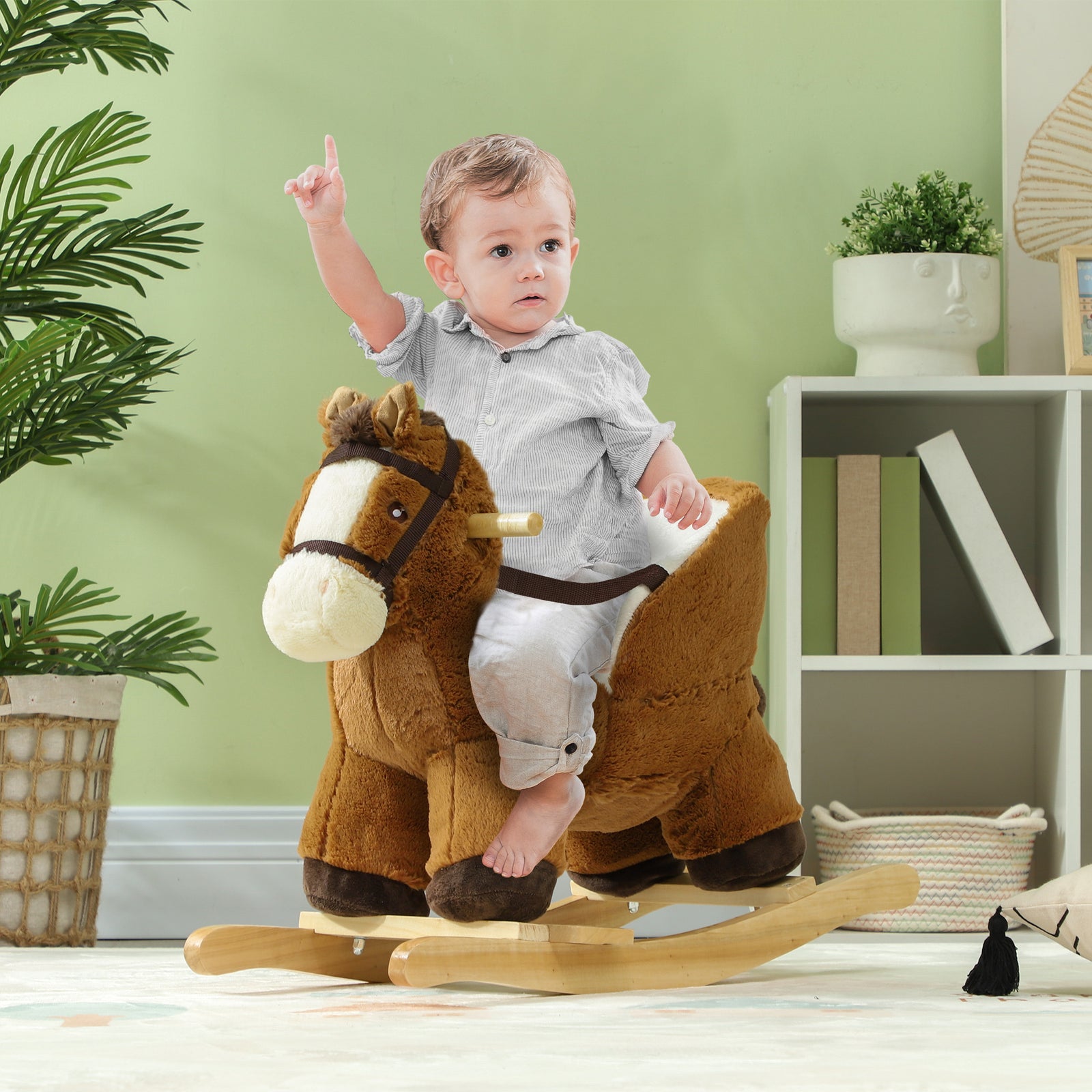 Kids Rocking Horse W/ Sound, Safety Belt - Brown