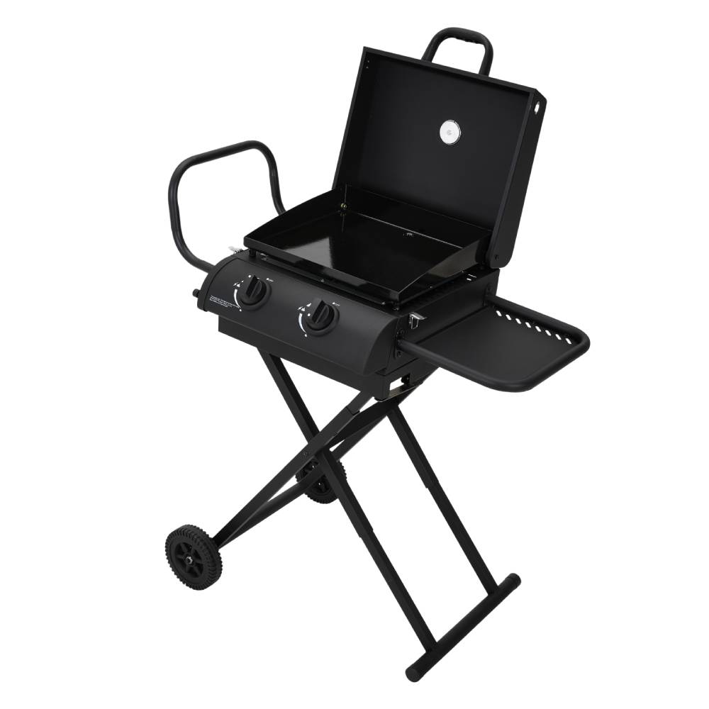Portable 2-burner Gas Bbq Grill – Folding Trolley With Side Shelf, Thermometer, Wheels, And Outdoor Cooking Plate