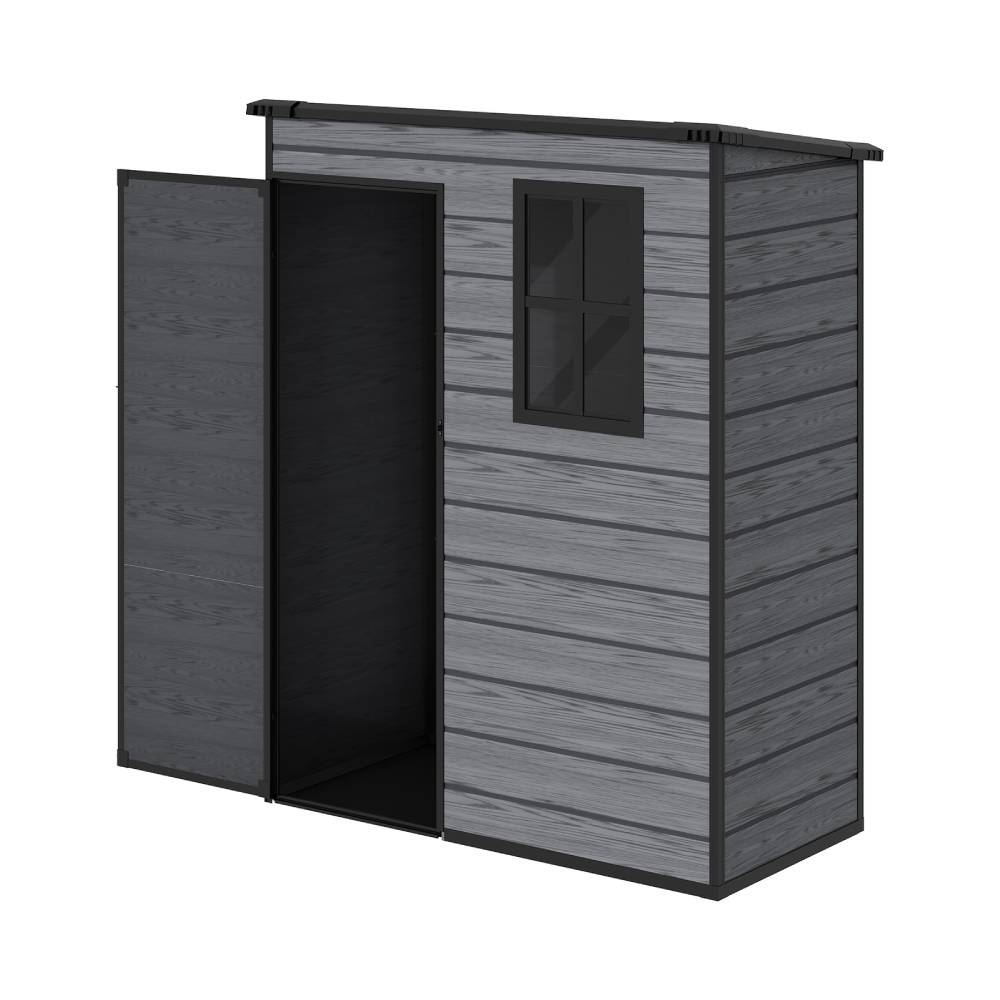 5x3ft Outdoor Plastic Storage Shed With Floor & Window, Lockable, Wood Grain Design