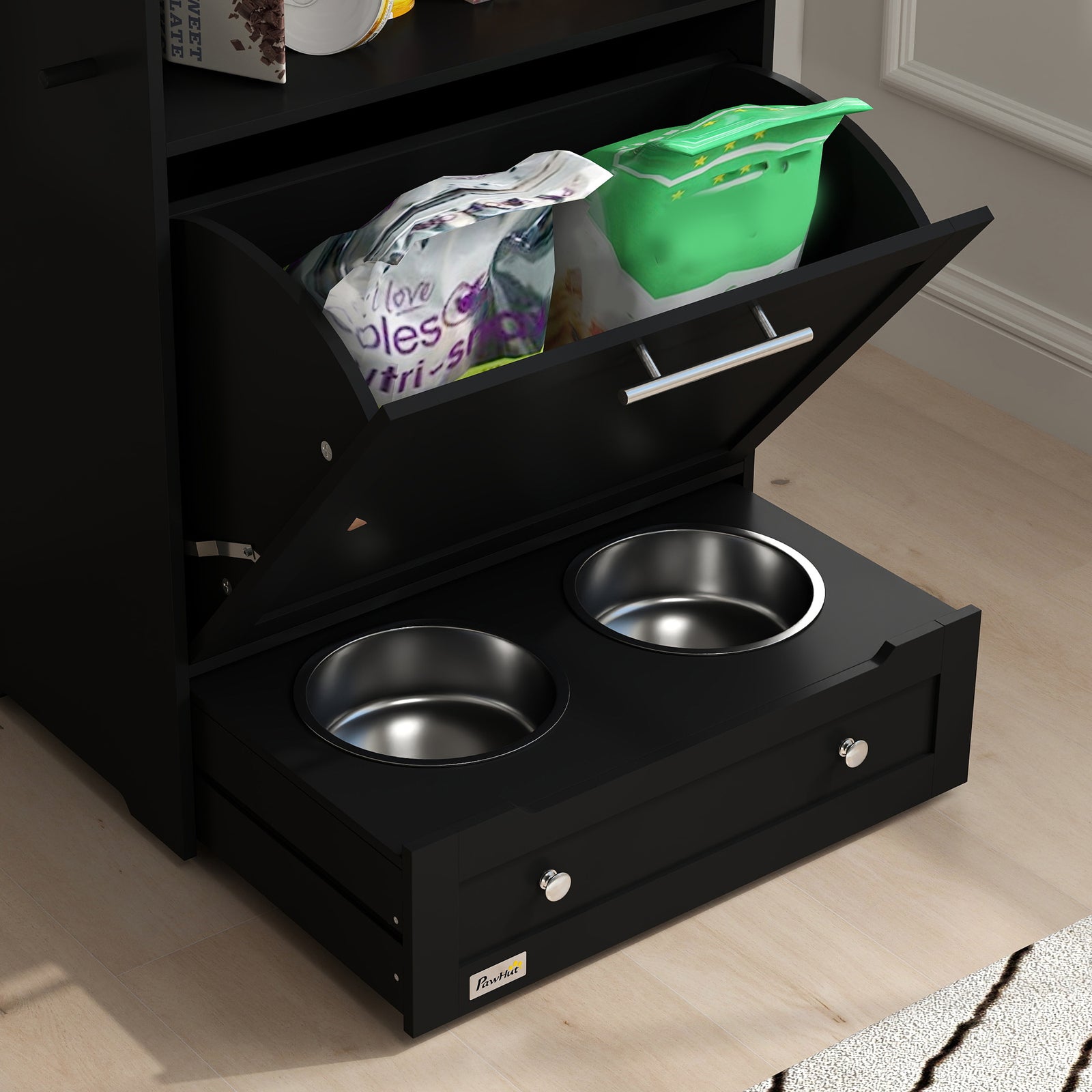 PawHut Pet Feeder Station, Dog Cat Food Storage Feeding Station, Food Cabinet - Black