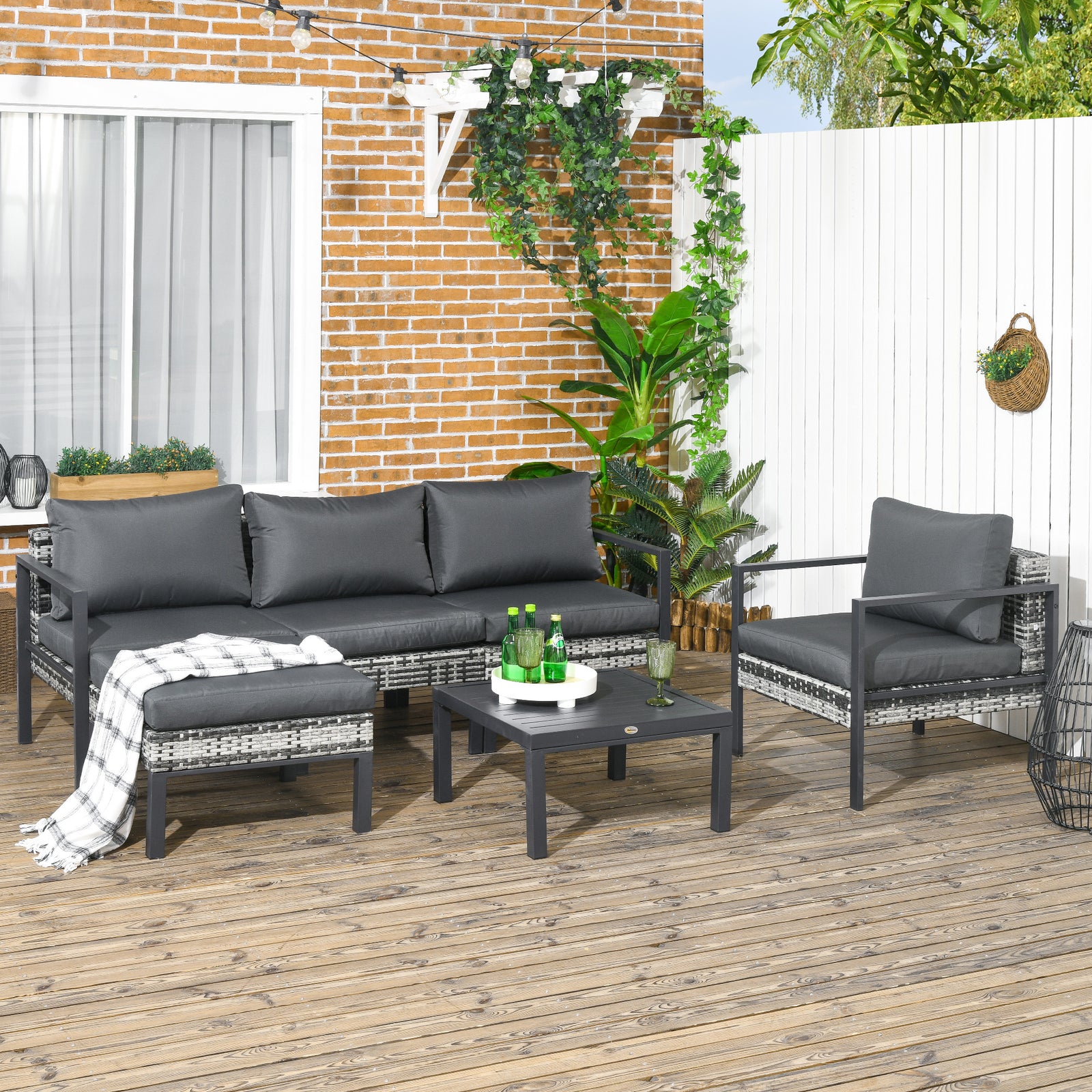 6 Pcs Rattan Garden Furniture Set With Table, Cushion | Charcoal Gray