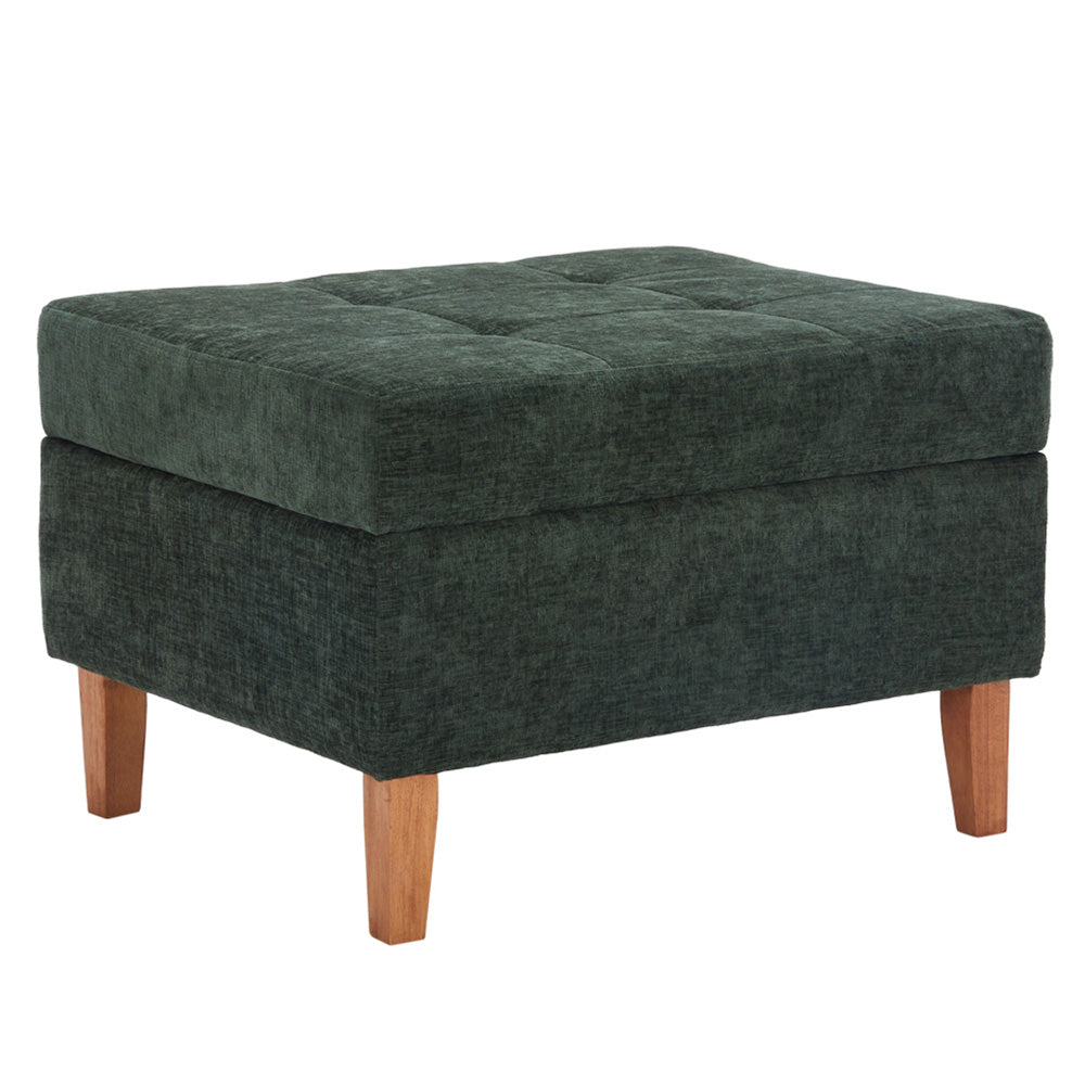 Chenille Upholstered Storage Ottoman With Rubberwood Legs – Modern Footstool With Hidden Storage, 71.5 X 59 X 33.5 Cm | Green