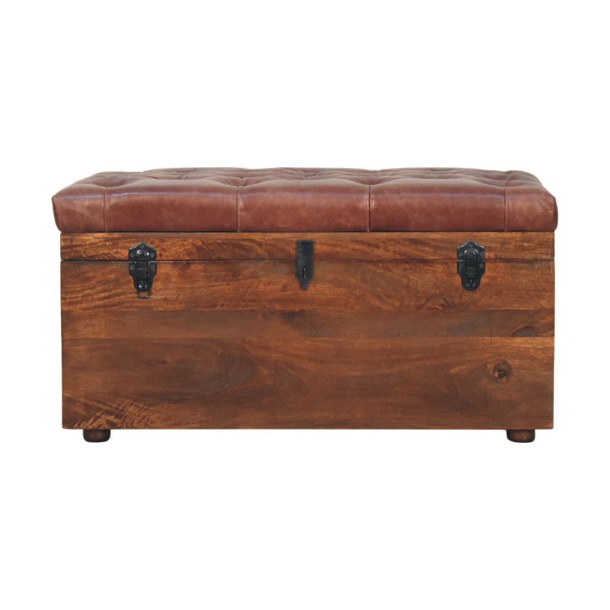 Solid Wood Brown Buffalo Hide Leather Storage Trunk