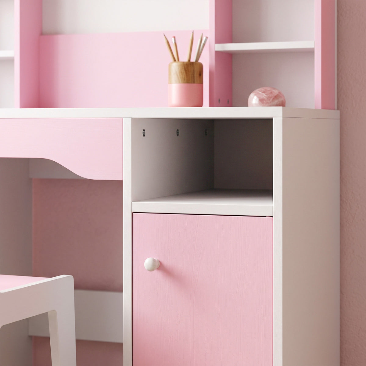 AIYAPLAY Kids Dressing Table With Stool, Lighted Mirror, Pink
