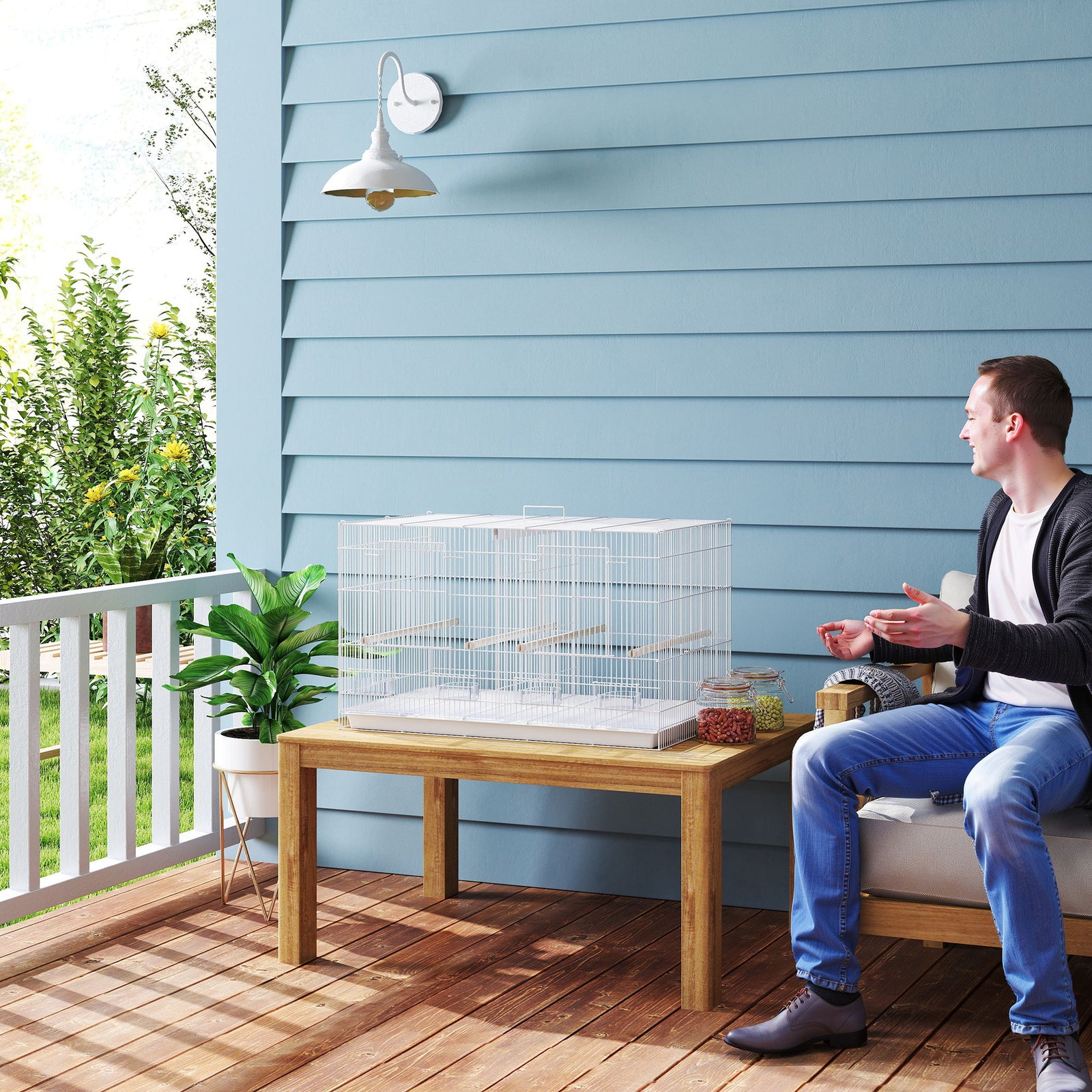 Bird Cage With Divider, 4 Wooden Perches, Slide Out Tray, White | White
