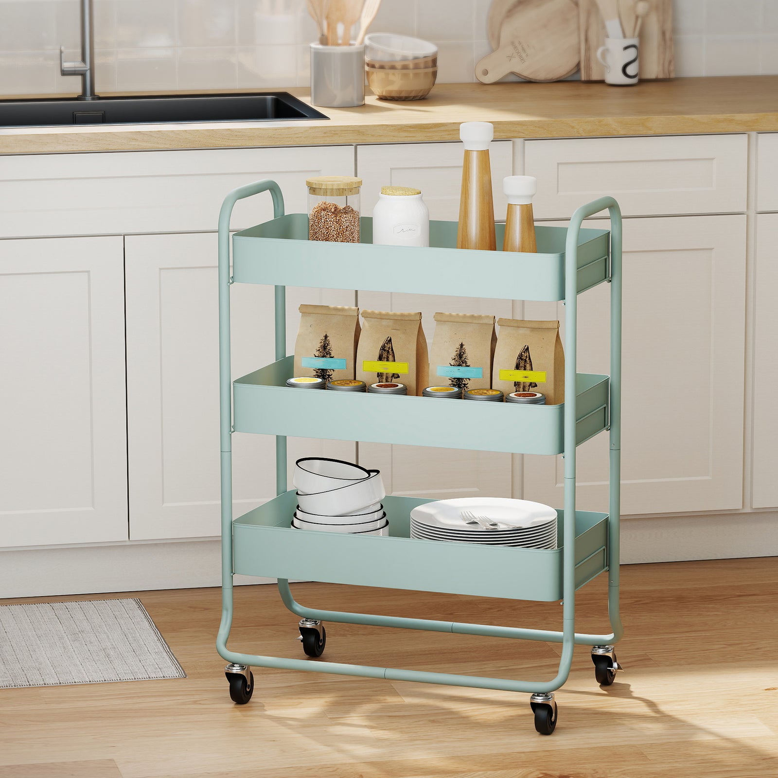 3-tier Storage Trolley, Storage Cart With Mesh Backets, Wheels | Green