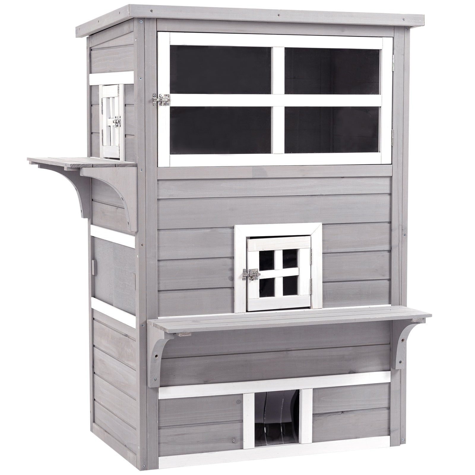 3-tier Wooden Kitten Shelter For Indoor, Outdoor - Grey