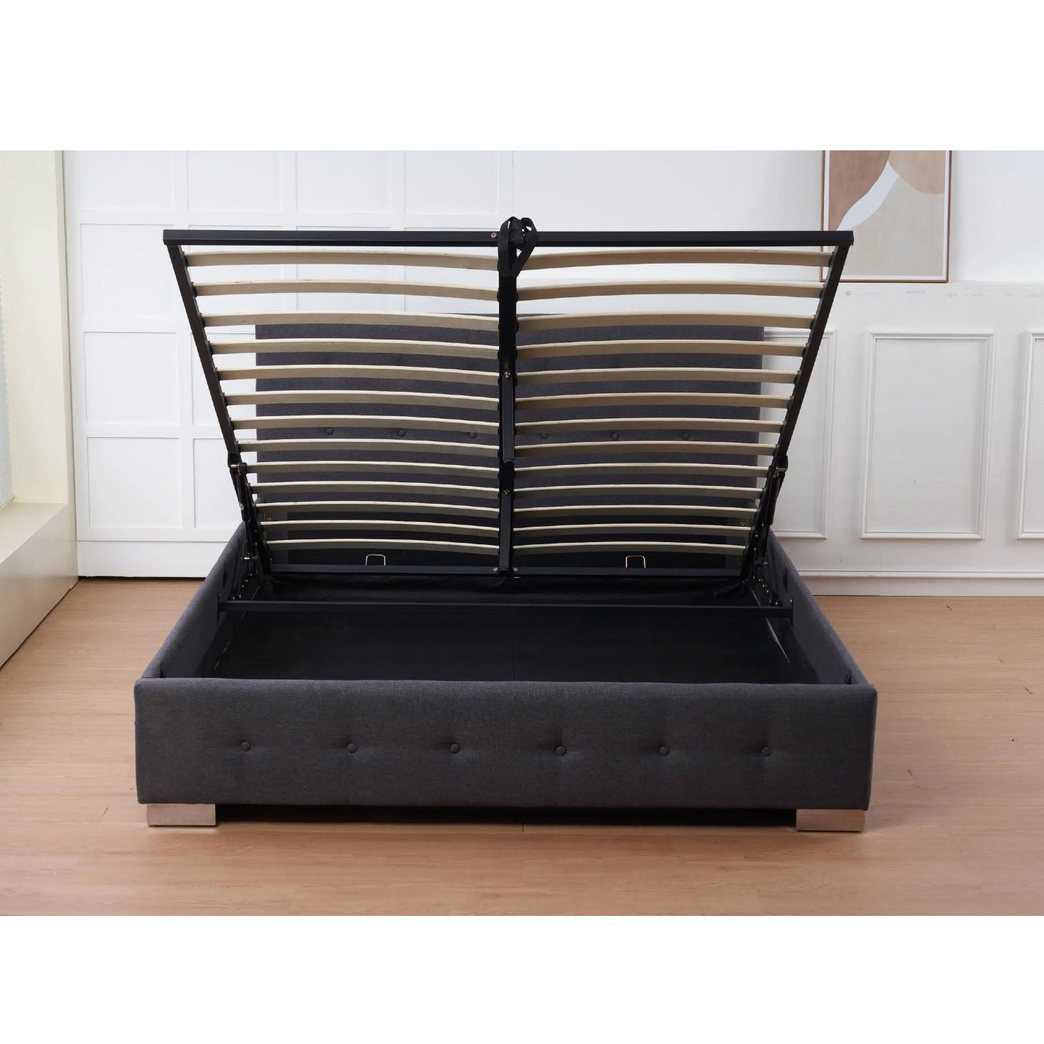 The Oslo Charcoal Linen Tufted Ottoman Bed Frame | King | Charcoal