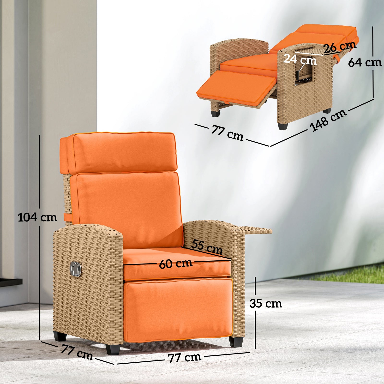 Rattan Garden Recliner Sun Lounger W/ Flip Table | Khaki & Orange