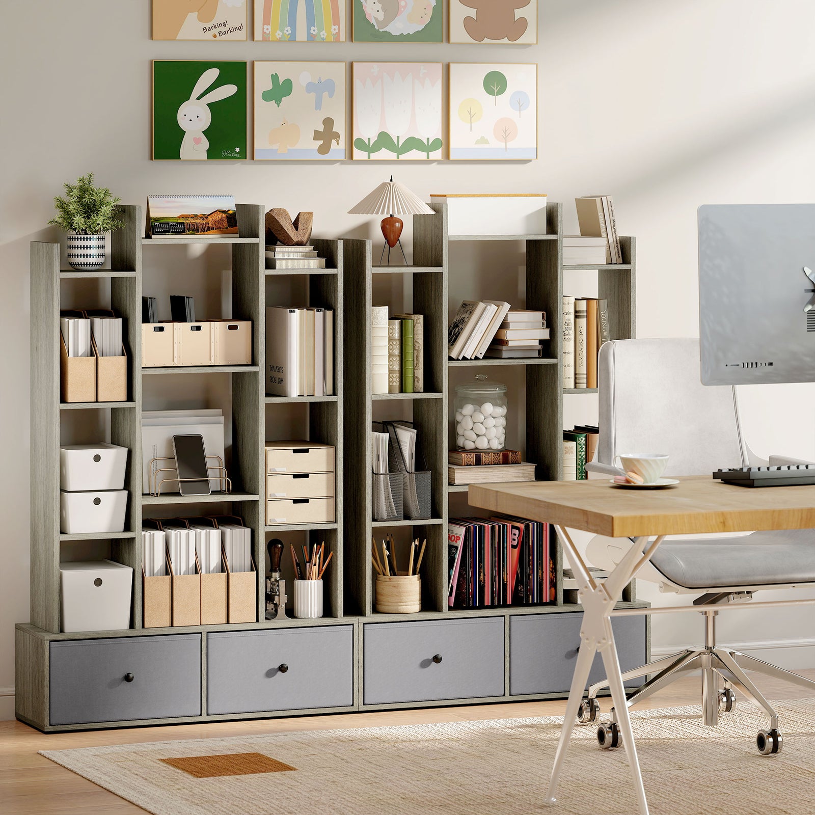 12-tier Bookshelf, Bookcase W/ 2 Folding Drawer | Brown