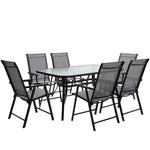 7 Pcs Garden Dining Set Outdoor Tempered Glass Coffee Table With Foldable Chairs