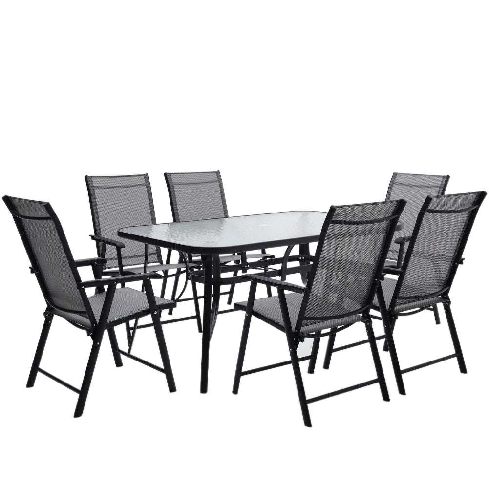 7 Pcs Garden Dining Set Outdoor Tempered Glass Coffee Table With Foldable Chairs