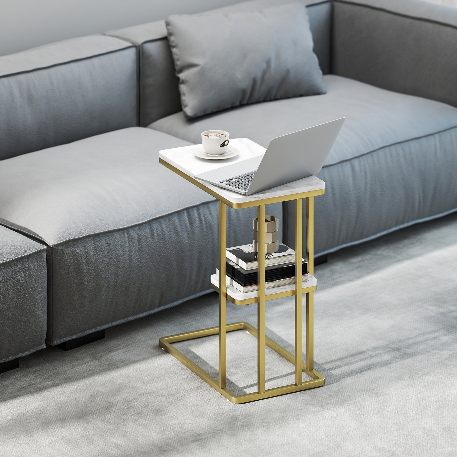 HOMCOM C-shaped Narrow Side Table, End Table With Shelf, White Marble Grain