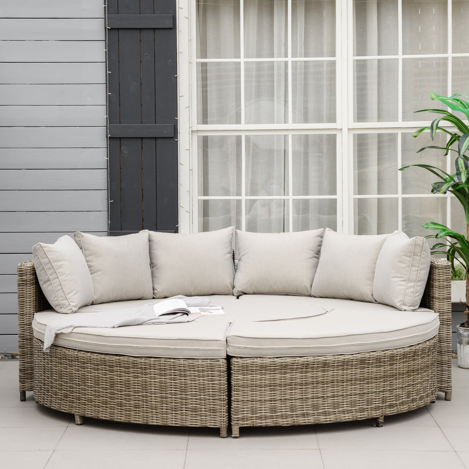 5 Pcs Rattan Lounge Chair Daybed Table W/ Cushion