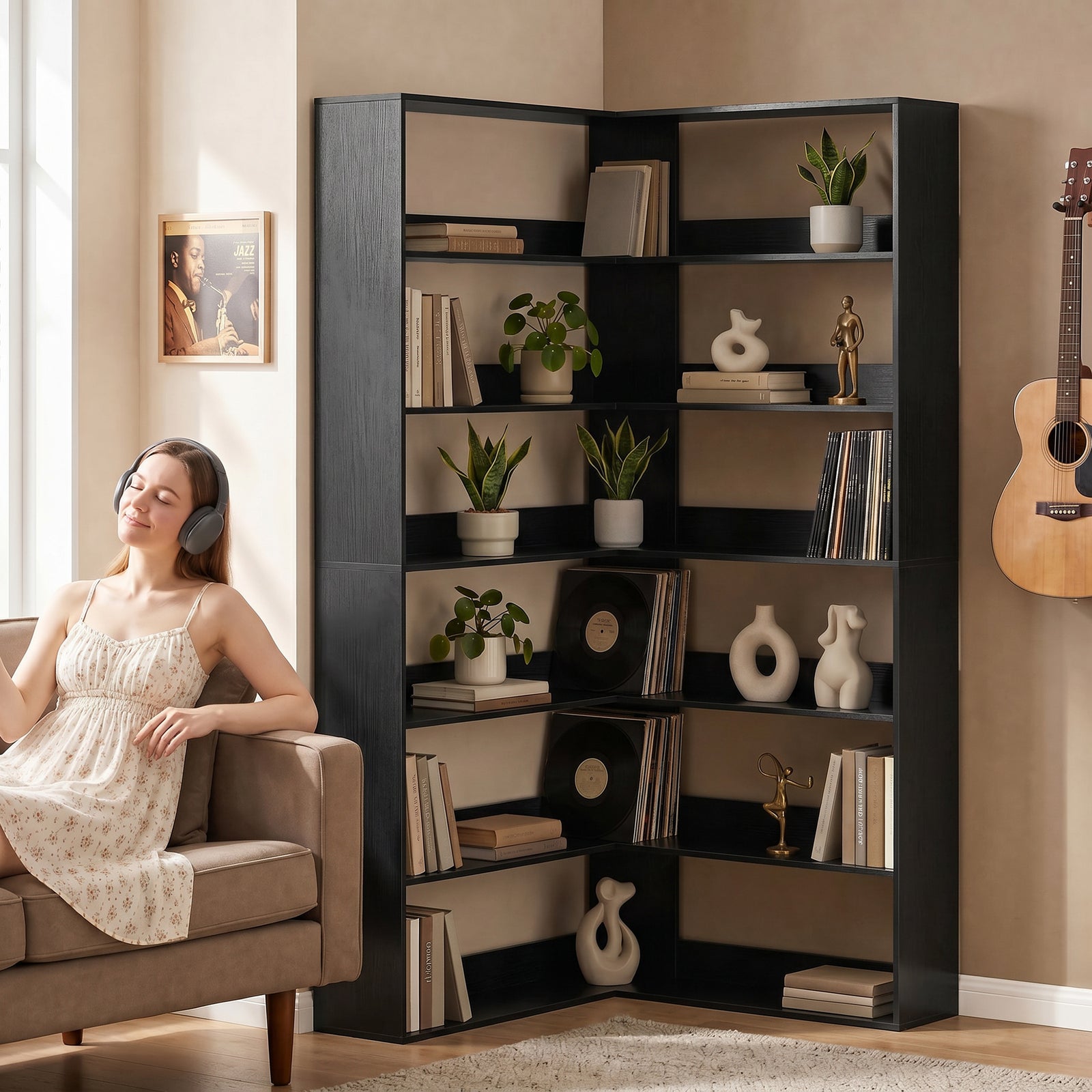 7 Tiers Corner Bookshelf, L-shaped | Black