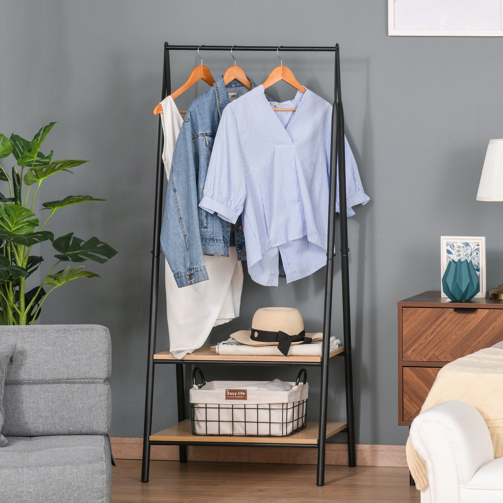 2-tier Garment Rack Storage Shelves Metal Coat Shoes Rack