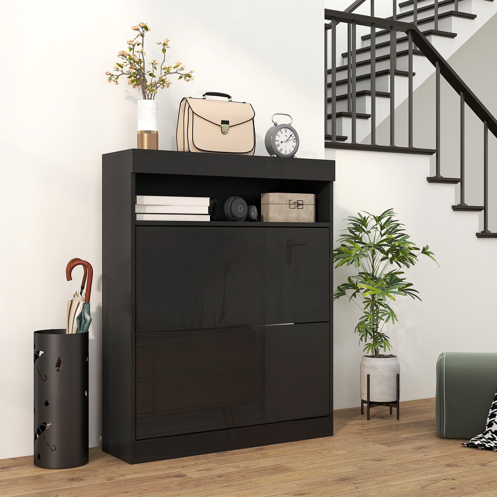 Wall Mounted Freestanding Shoe Cabinet With 2 Flip Drawers | One Size | Black
