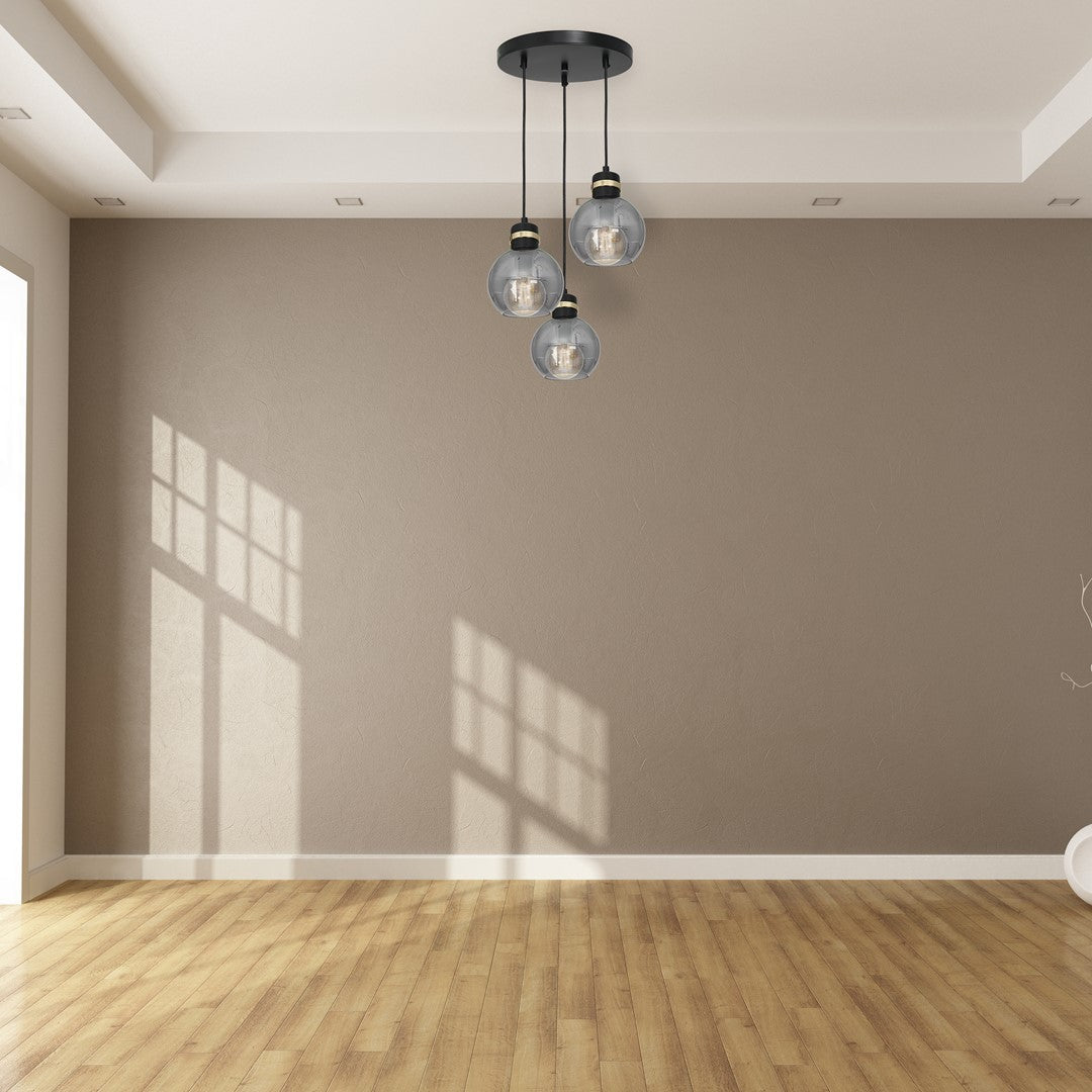 Omega Hand Made Circular Pendant Lamp With Elegant Smoked Glass Spheres Quality Matt Black Fittings With Gold Detail