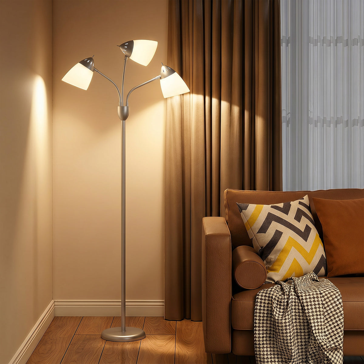 HOMCOM Tree Floor Lamp With 3 Adjustable Light, Standing Lamp, Silver Tone
