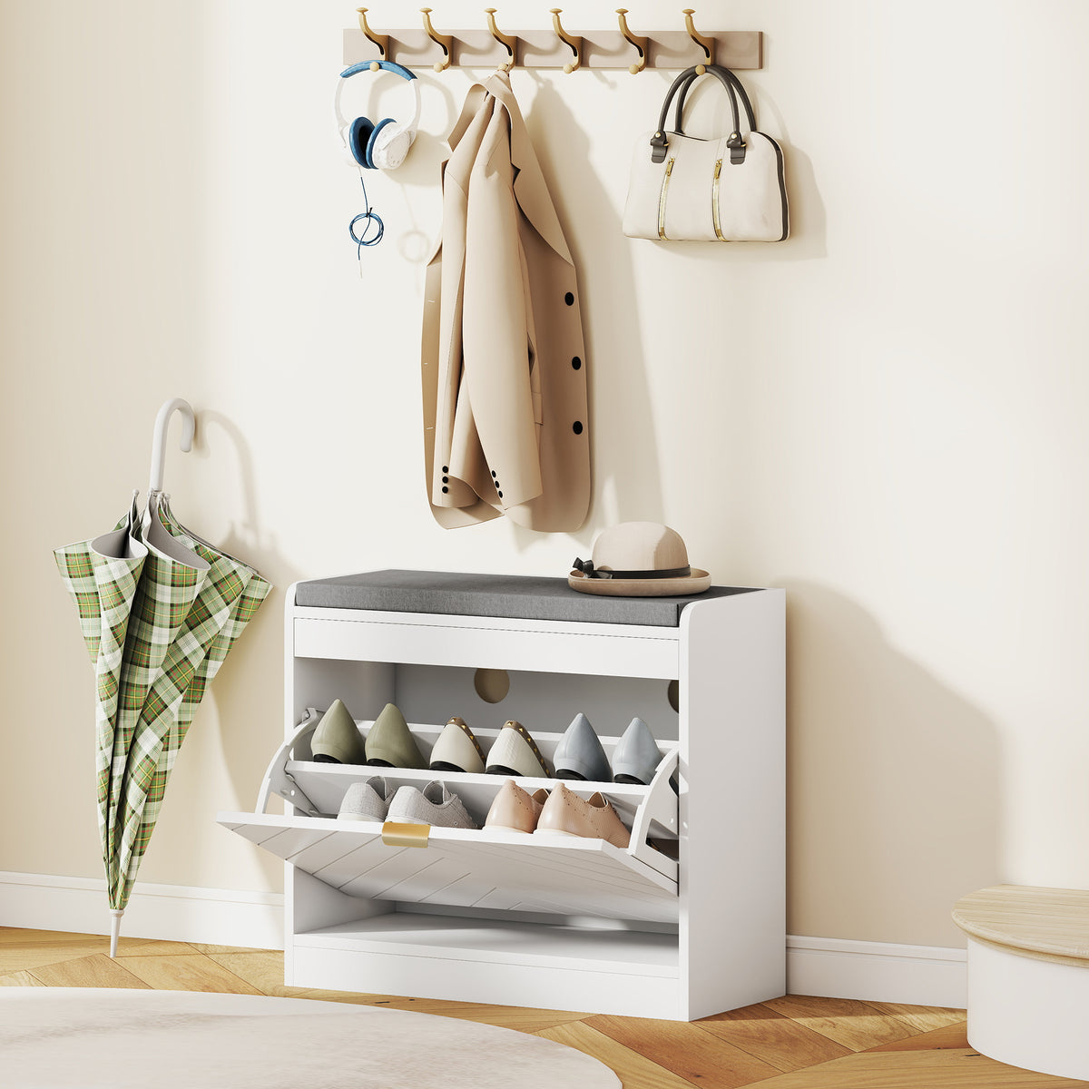 HOMCOM Shoe Bench With 1 Flip Drawer, Cushion, 5 Pairs For Entryway