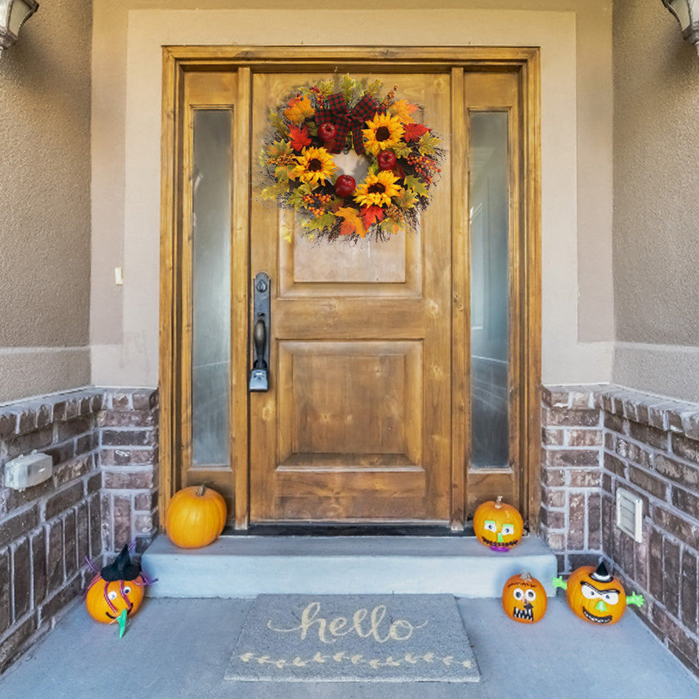 Prelit Autumn Wreath With Artificial Maple Leaves And Sunflowers