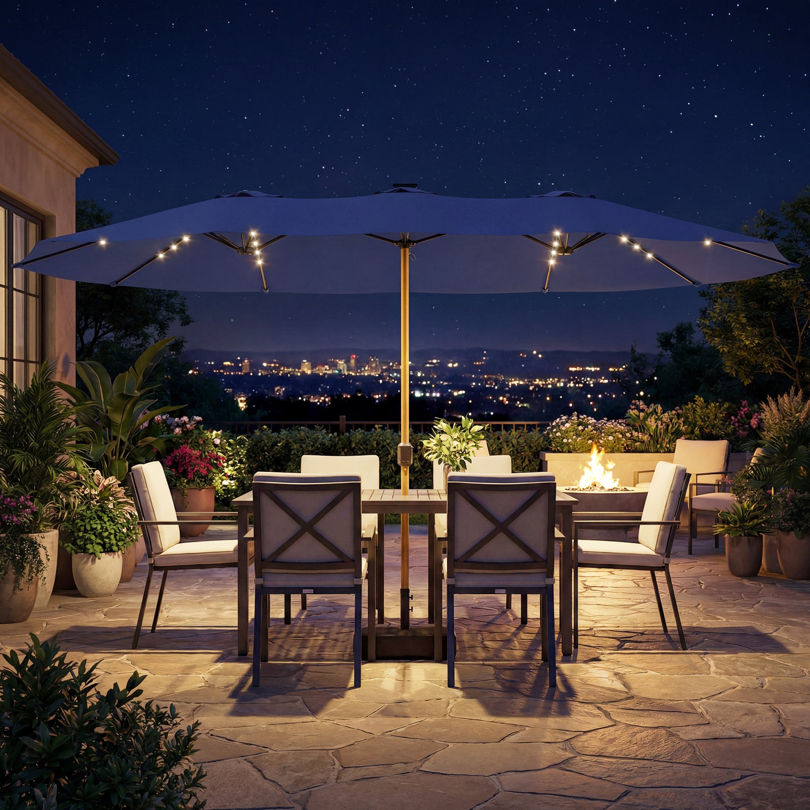 Outsunny Double Sided Garden Parasol With 48 Solar Led Lights 4.6m