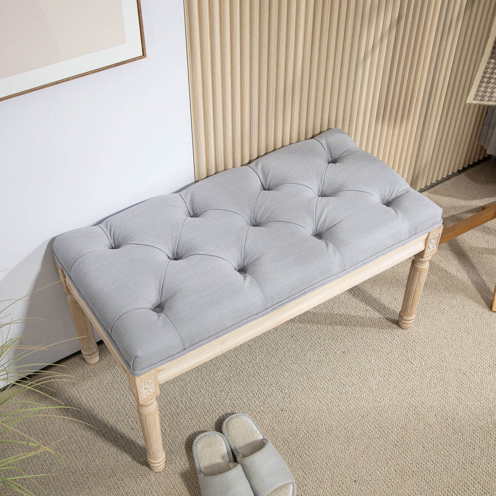 End Of Bed Bench, Tufted Upholstered Foot Stool | Medium | Dove Gray