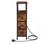 Bedside Table With Led Light Charging 3 Fabric Drawers Storage Brown | Brown