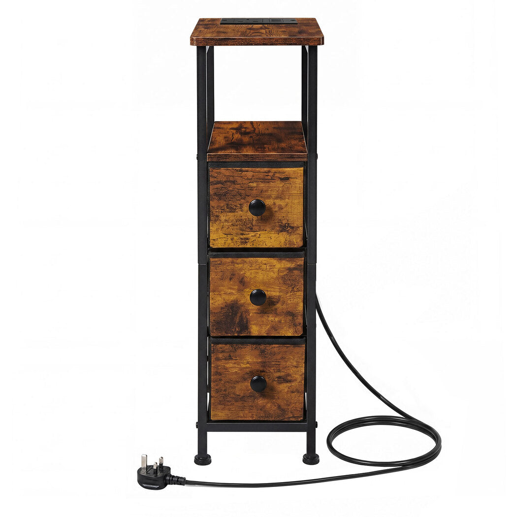 Bedside Table With Led Light Charging 3 Fabric Drawers Storage Brown | Brown