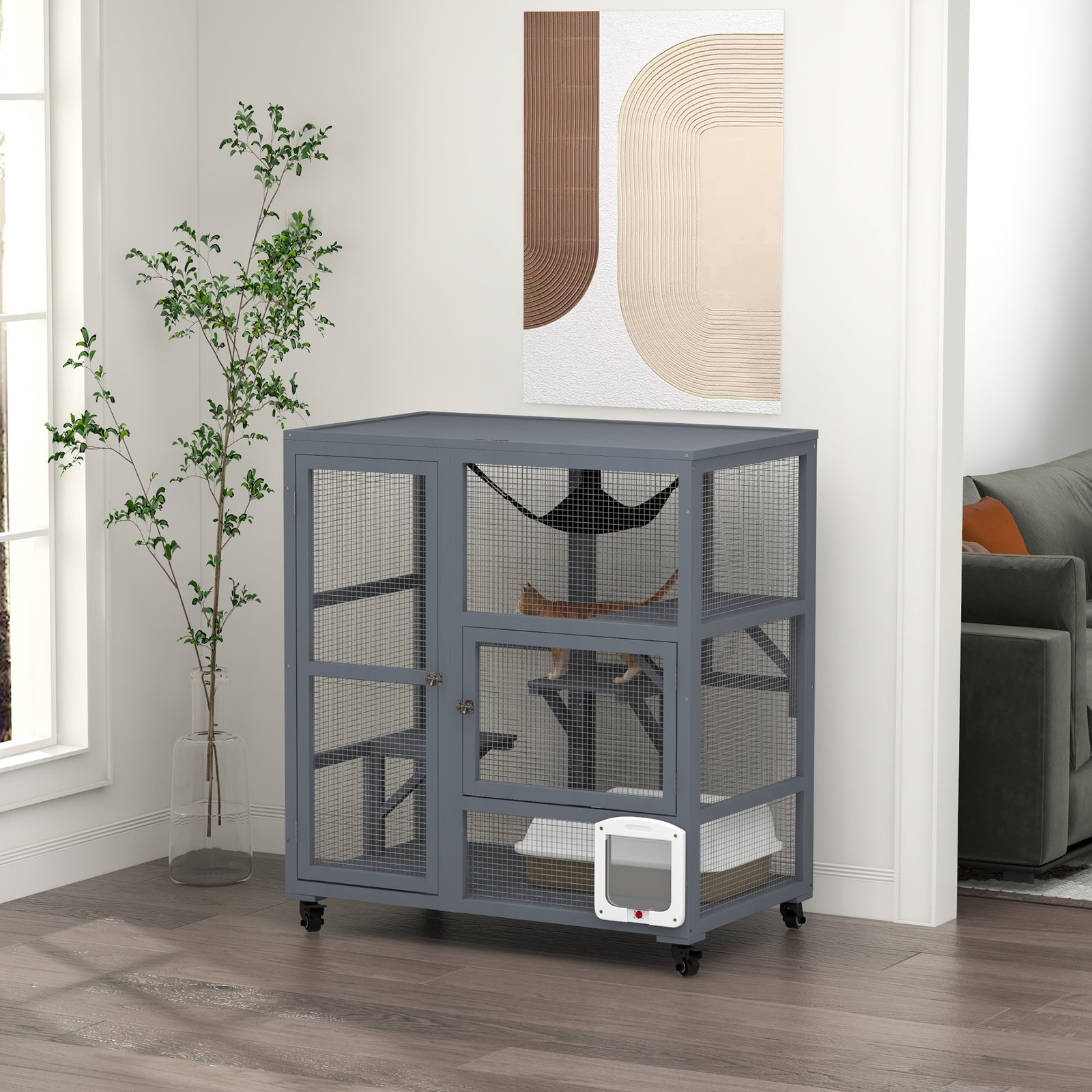 Pawhut Outdoor Catio Cat House On Wheels With Platforms, Hammock