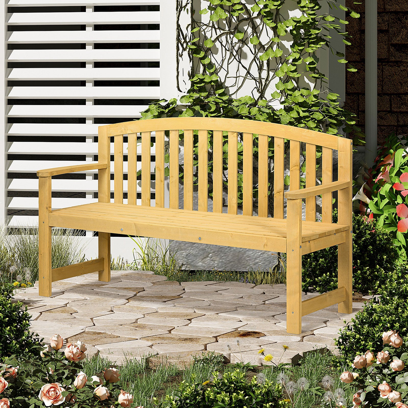 Wooden Garden Bench 2 Seater Slatted Seat With Arm For Patio | Orange