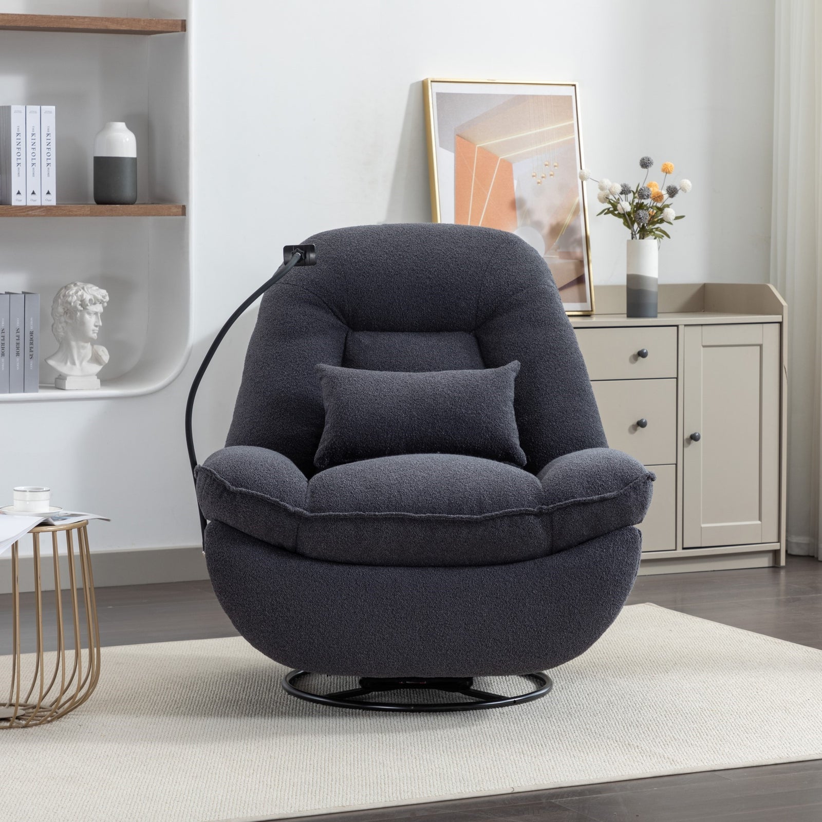 Fallon Boucle Fabric Swivel Based Recliner Chair Phone Holder | Dark Grey