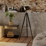 HOMCOM Industrial Tripod Floor Lamp Wood Height Adjustable Spotlight, Black
