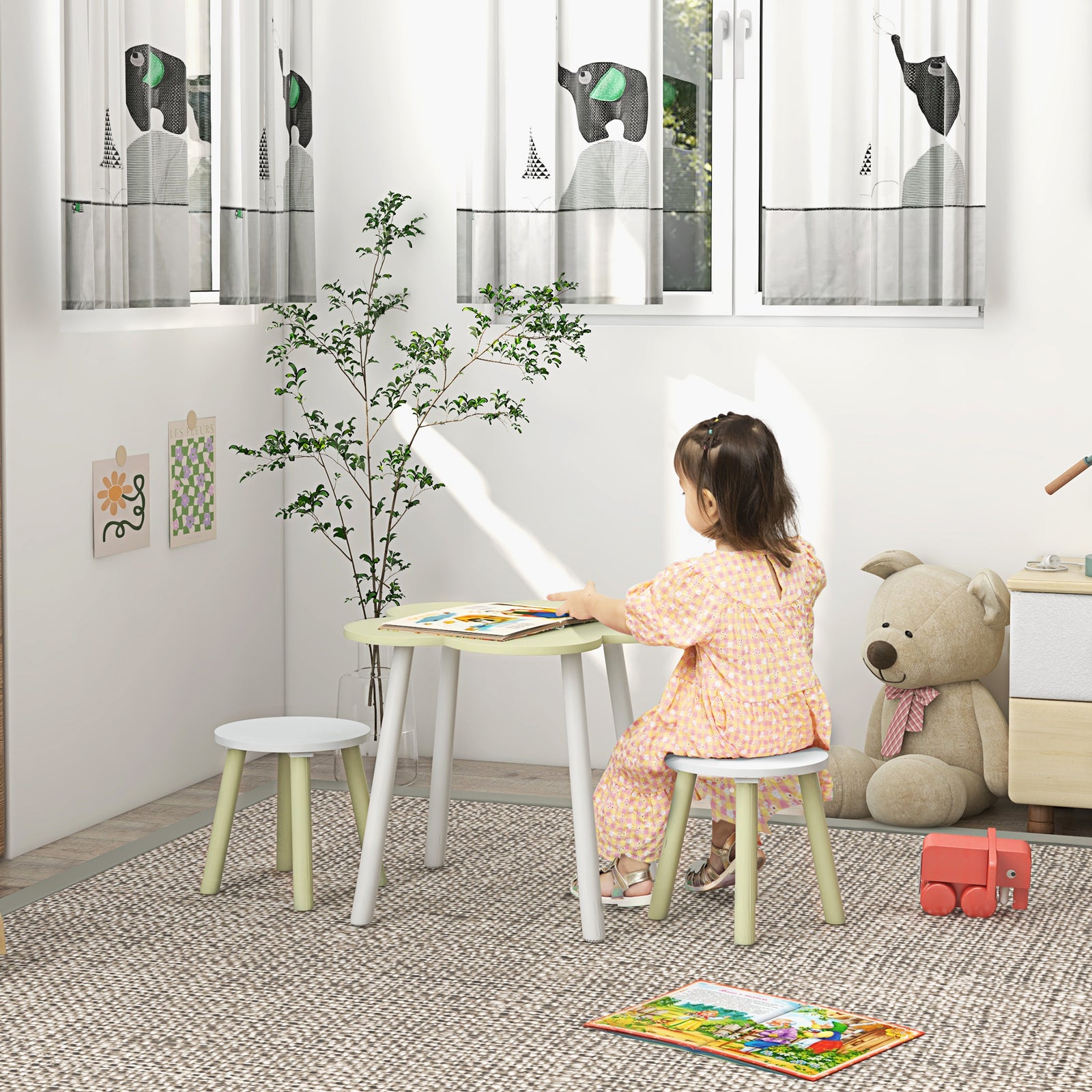 Kids Table And Chair Set, Flower Design, For Ages 2-5 Years - Green