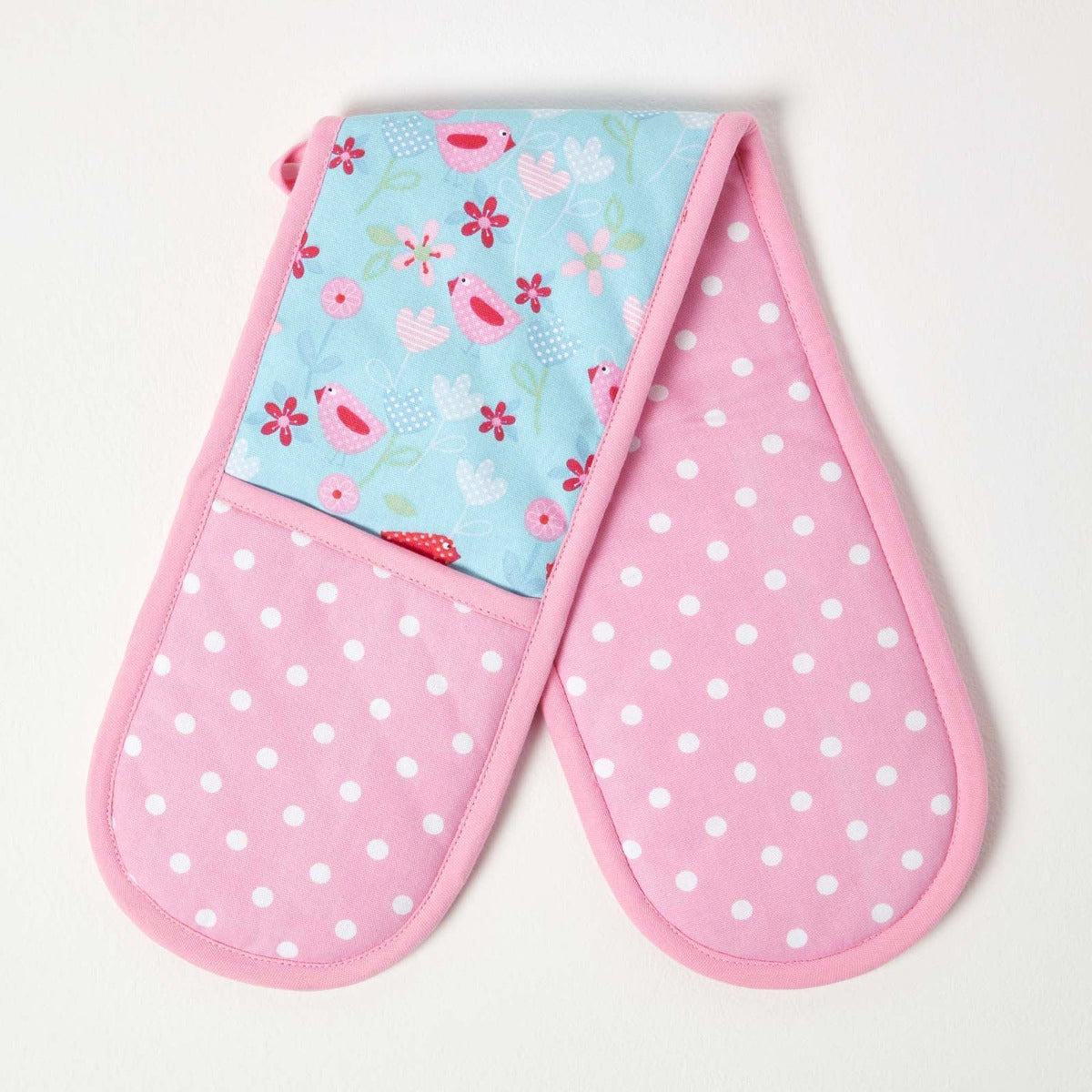 Birds And Flowers Pink Cotton Double Oven Glove