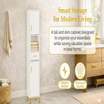 HYGRAD BUILT TO SURVIVE Slim Bathroom Tall Storage Cabinet – Freestanding Floor Cupboard With 2 Doors, 5 Shelves & Drawer