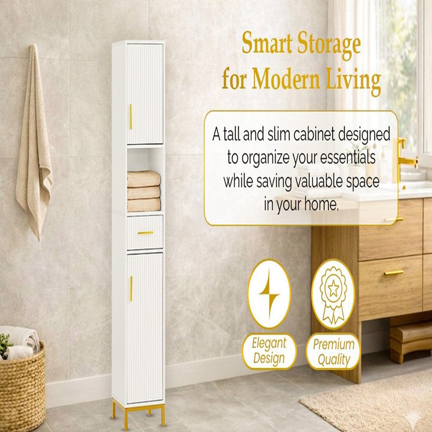 HYGRAD BUILT TO SURVIVE Slim Bathroom Tall Storage Cabinet – Freestanding Floor Cupboard With 2 Doors, 5 Shelves & Drawer