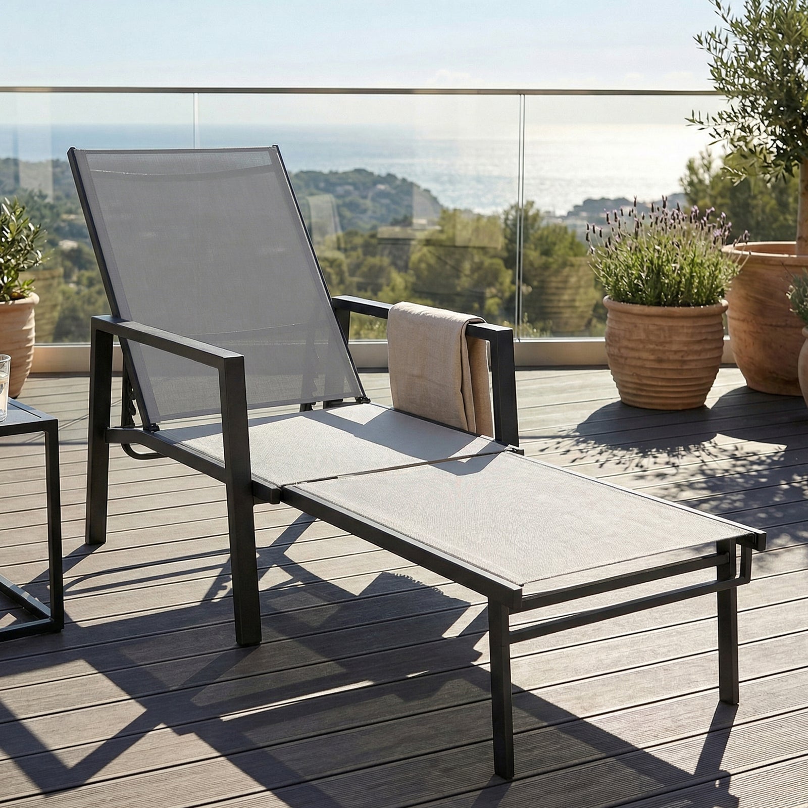 Sun Lounger W/ Retractable Footrest, 5-position Adjustable | Set-of-1 | Grey