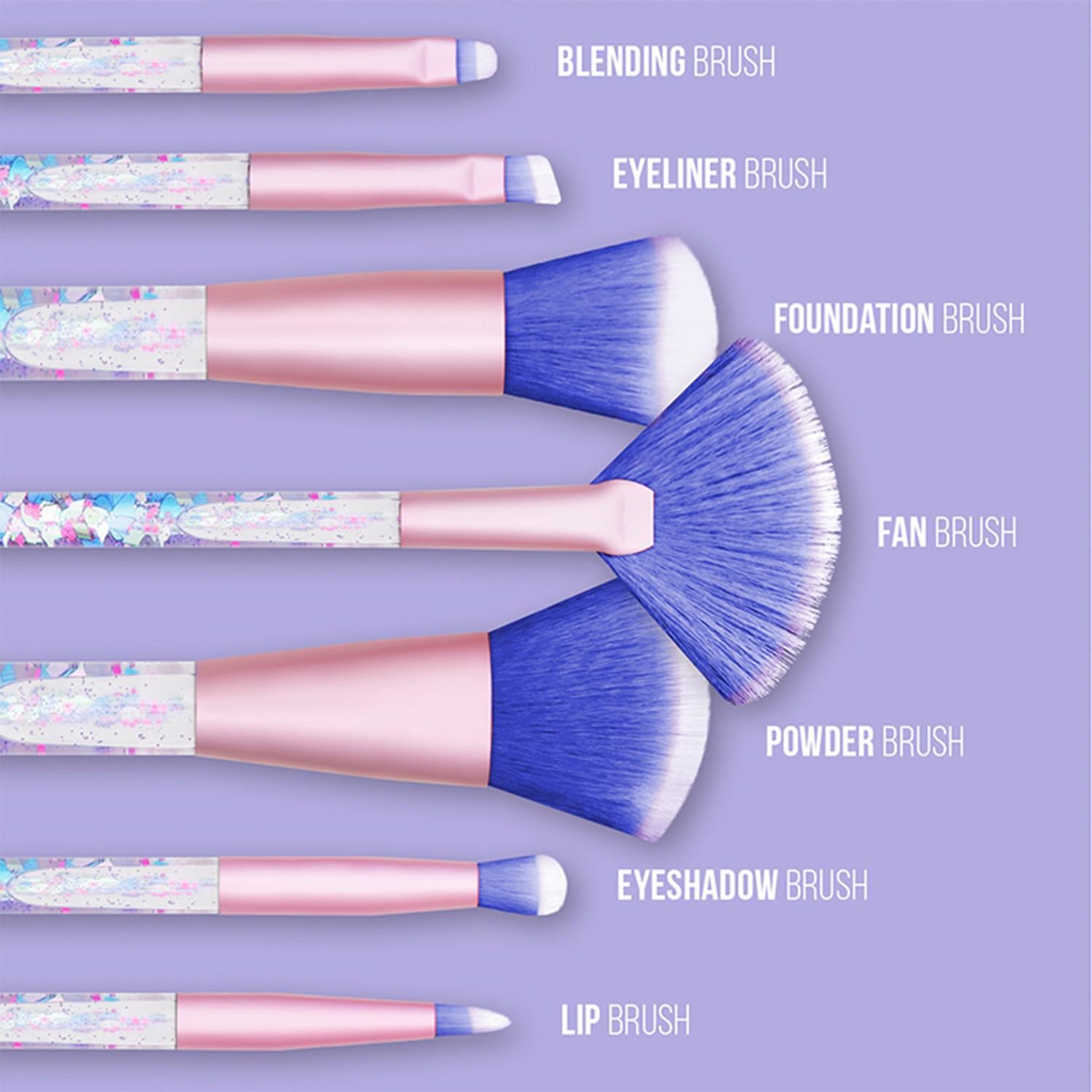 Aquarius Cosmic Makeup Brush Set 7 Piece Pink Purple Liquid Glitter Handle Beauty Kit
