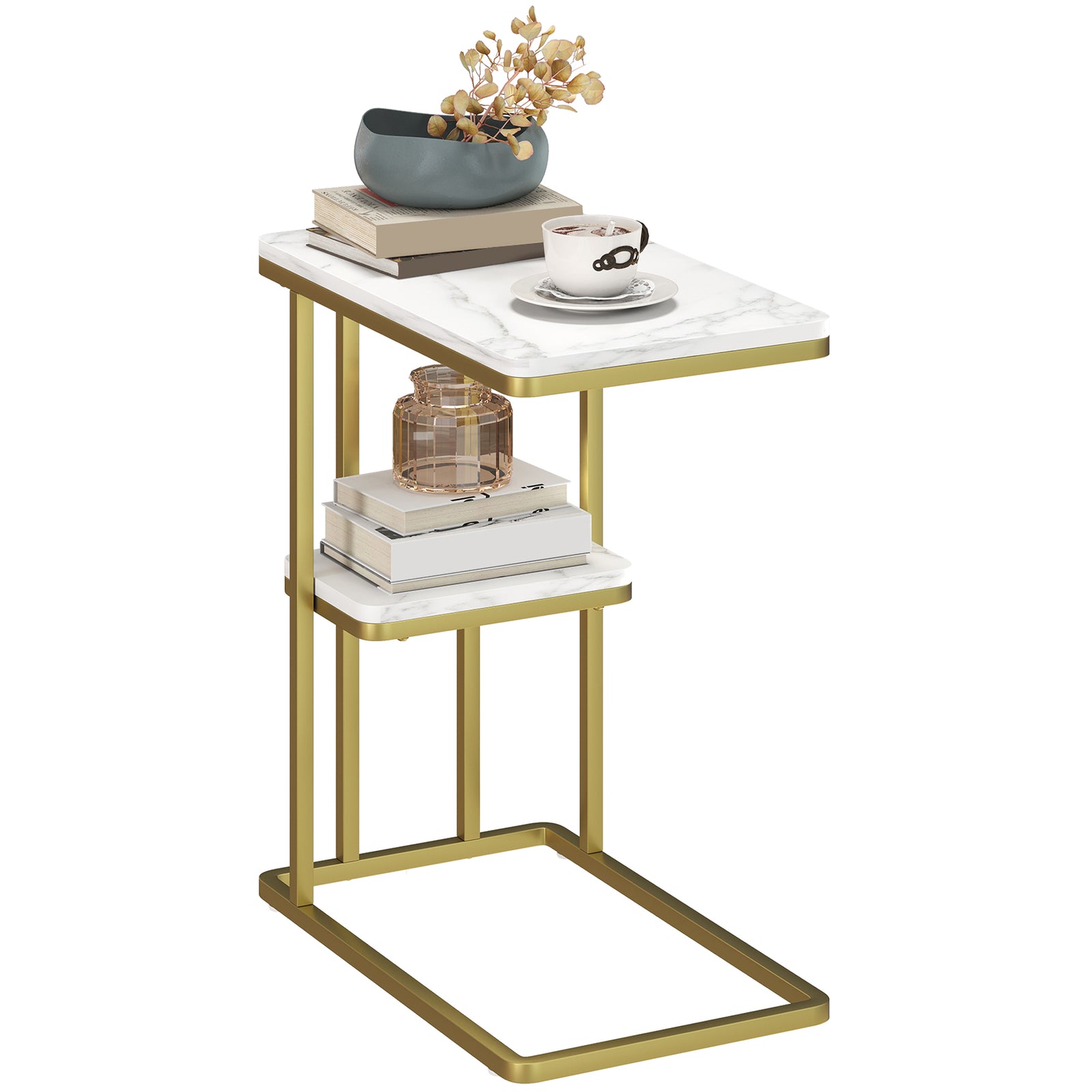 HOMCOM C-shaped Narrow Side Table, End Table With Shelf, White Marble Grain