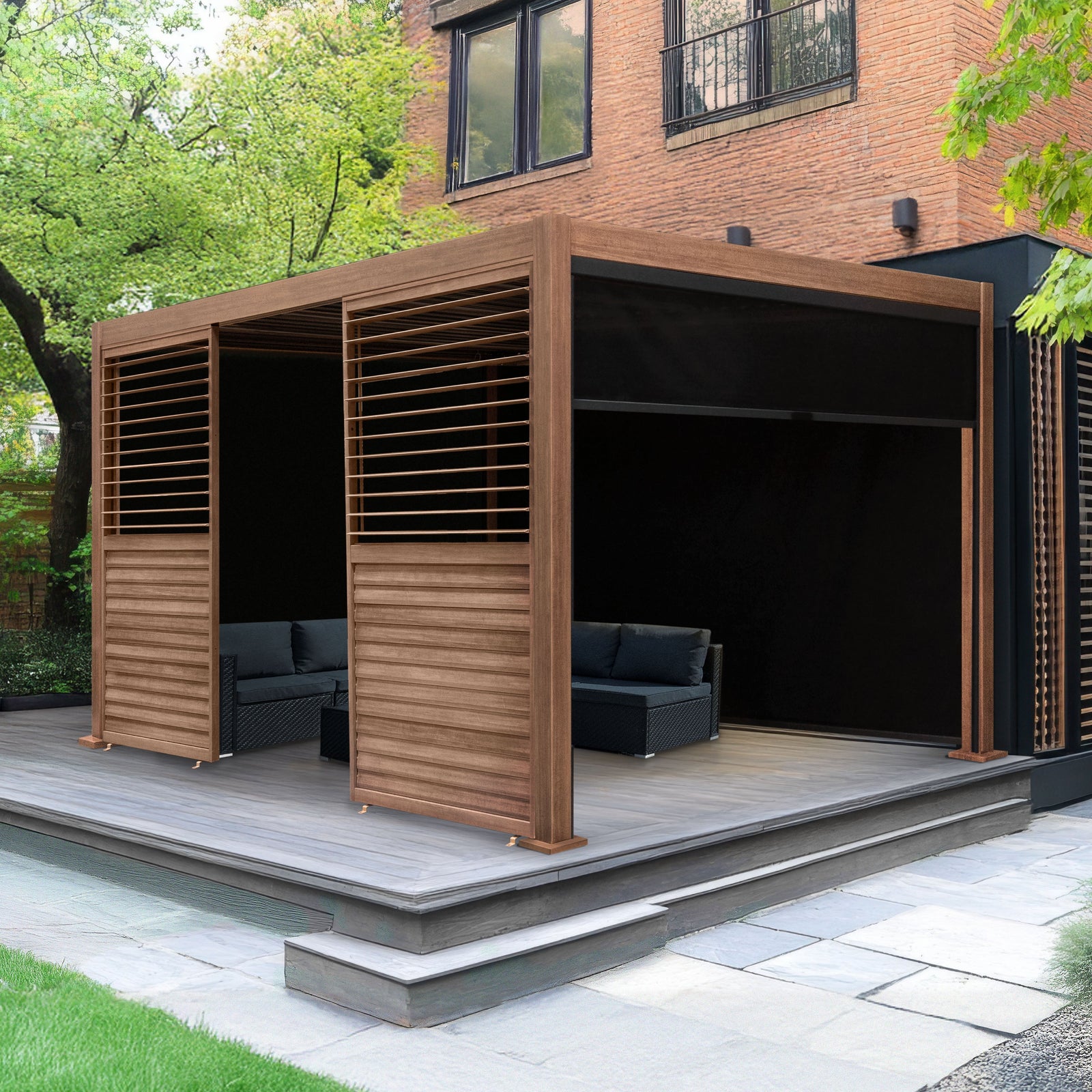 Wood Effect Aluminium Pergola With Blinds & 2 Louvre Panels | 4m x 3m | Brown