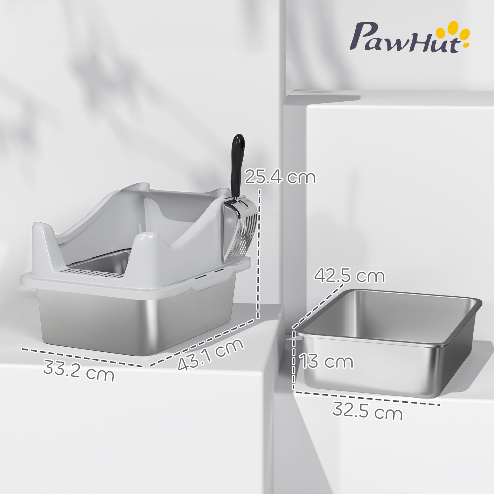 Stainless Steel Cat Litter Box With High Sides, 43 X 33 X 25 Cm | Grey