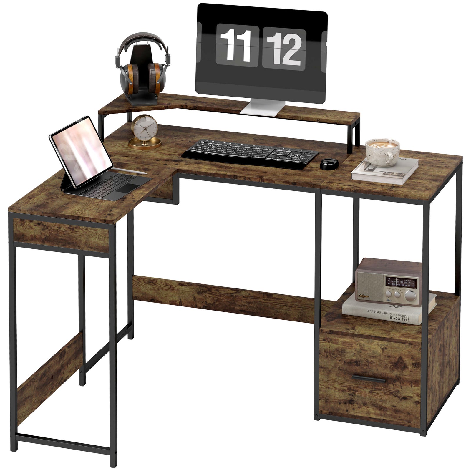 L Shaped Desk, Computer Table With Liftable Desktop | One Size | Brown