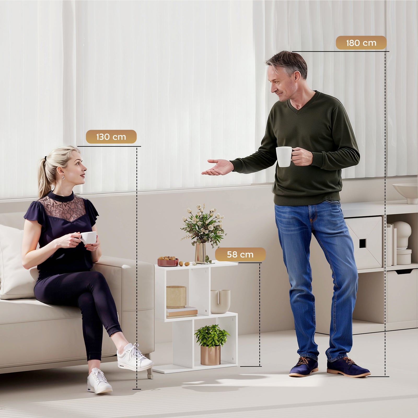Side Table, Narrow End Table With Storage Shelves | White
