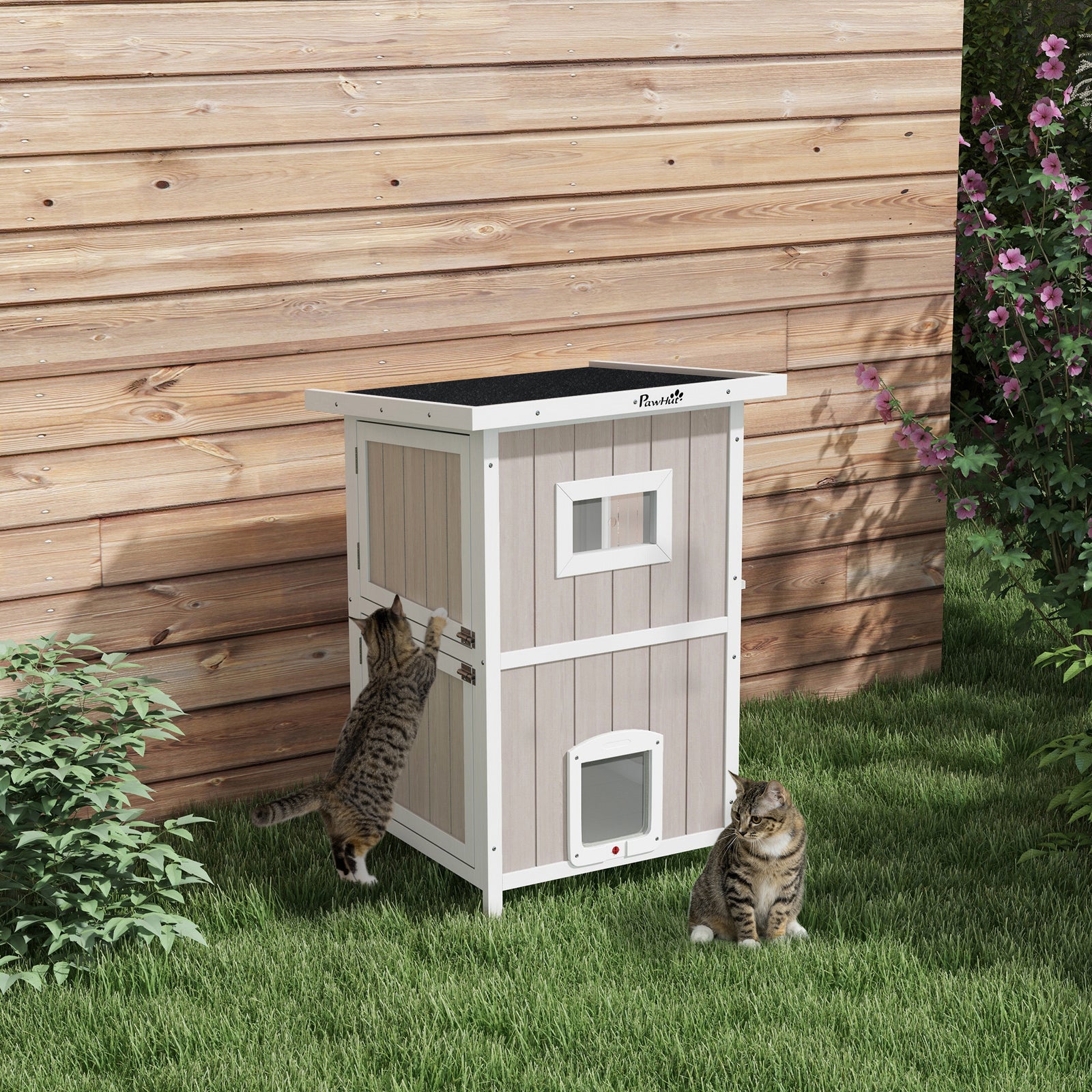Outdoor Wooden Cat House W/ Removable Bottom, Escape Doors, For 1-2 Cats