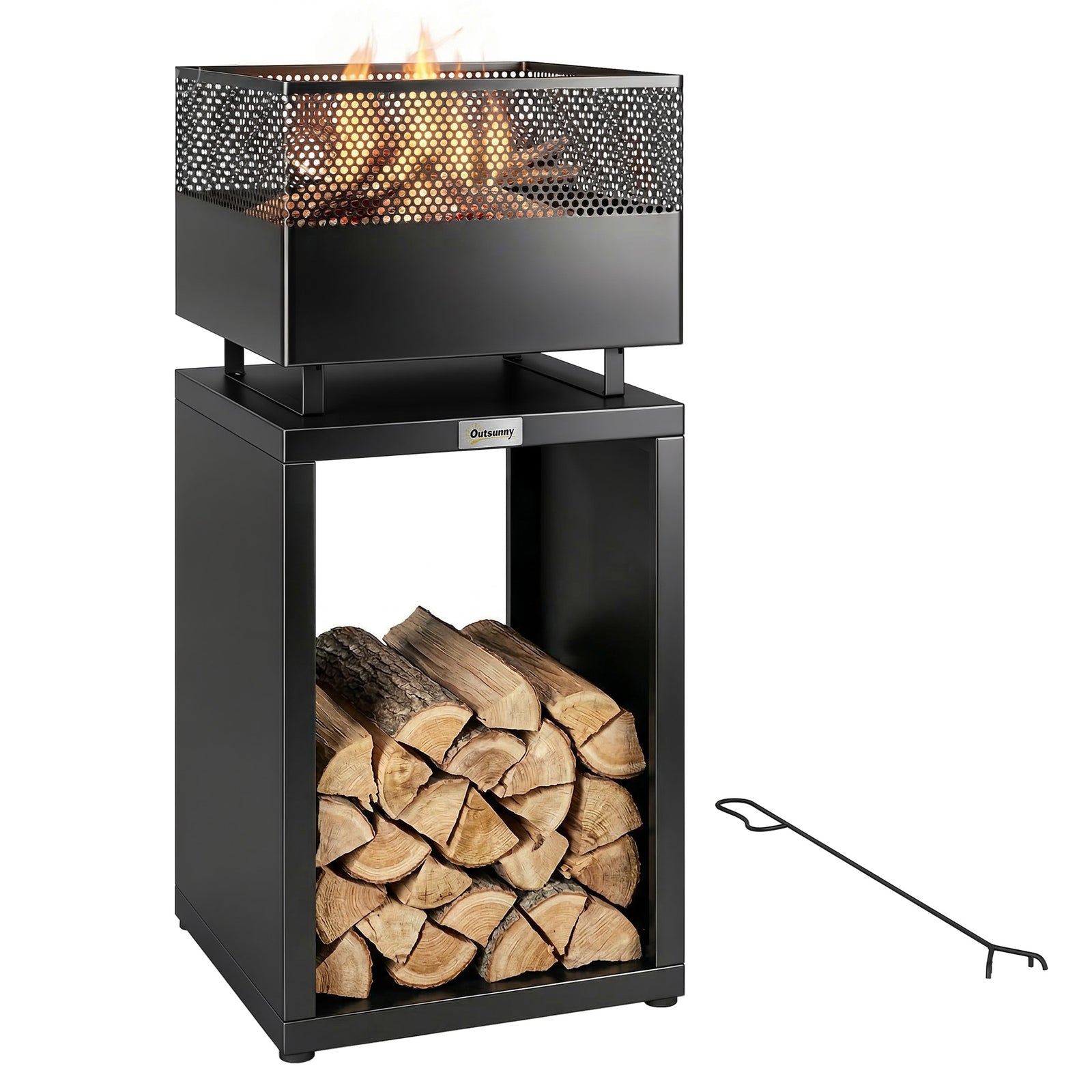 Outsunny Outdoor Fire Pit With Wood Storage 87 Cm Black